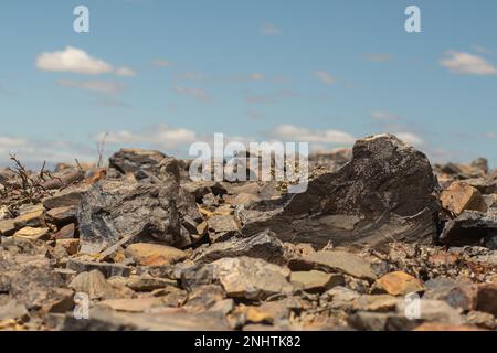 Primo piano di rocce frastagliate in un'area di Tankwa Karoo tra il Capo Occidentale e il Capo Nord, Sud Africa Foto Stock