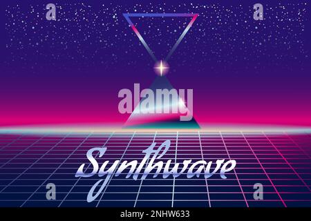 Synthwave retro banner vaporwave sfondo estetico. Griglia piramidi 3D, retrofonda del tramonto degli anni 80 Illustrazione Vettoriale