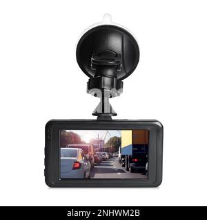 Moderna fotocamera da cruscotto per auto con foto della strada sullo schermo su sfondo bianco Foto Stock