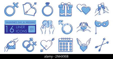 Serie di icone lineari colorate. San Valentino e matrimonio. Rapporto romantico, regali, anello di diamante, busta con biglietto d'auguri. Cuore, arco e. Illustrazione Vettoriale
