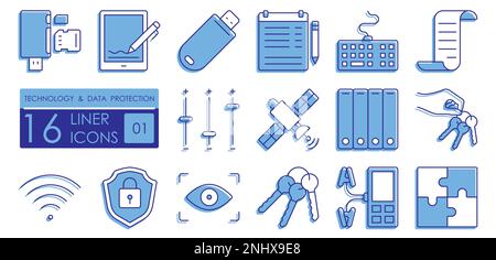 Serie di icone lineari colorate. Tecnologie di memorizzazione, protezione e trasmissione dei dati. Tablet digitale, elettronico, firma, tastiera, wireless, W Illustrazione Vettoriale