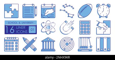Serie di icone lineari colorate. Set di icone lineari universitarie. Struttura dell'atomo, calcolatrice. Lezioni di educazione fisica, astronomia. Attività sportive Illustrazione Vettoriale