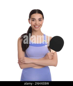 Bella giovane donna con racchetta da ping pong su sfondo bianco. Giocatore di ping pong Foto Stock