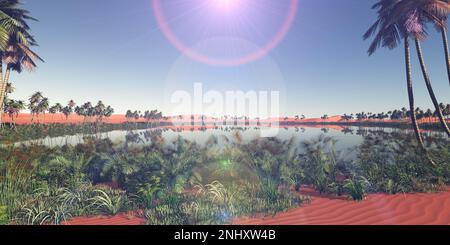 Splendido sfondo naturale - African Oasis 3D rendering illustrazione Foto Stock