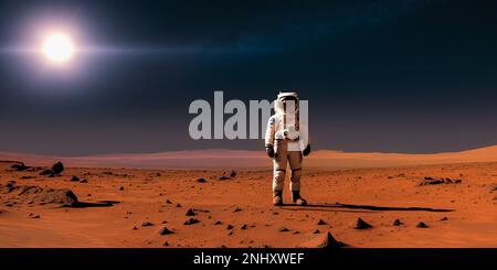 primo uomo su mars. Astronauta in tuta spaziale atterrato su Marte. Silhouette di un astronauta in piedi su Marte. Prima missione presidiata su Marte. Spazio Exploratio Foto Stock