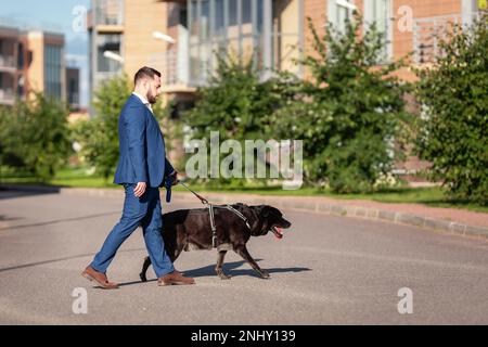 Un uomo d'affari che cammina il suo cane nell'esterno urbano. Giovane bell'uomo con un cane al guinzaglio. Foto Stock