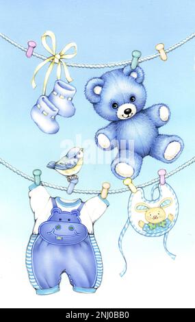 Baby-boy itemd su clothesline su blu Foto Stock