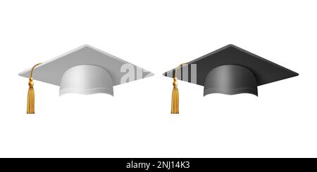 Vector 3D realistic White and Black Graduate College, High School, University Black Cap Icon Set Closeup isolato. Cappello per cerimonia di laurea Vector Illustrazione Vettoriale