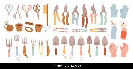 Set grande di articoli da giardinaggio in stile disegnato a mano. Attrezzi agricoli e da giardino per lavori primaverili. Vettore isolato su bianco Illustrazione Vettoriale