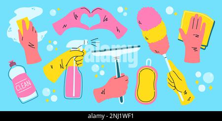 Set per la pulizia, flaconi, spray, spugna, guanti. Vari elementi di pulizia. Concetto di lavoro domestico. Stile disegnato a mano Illustrazione Vettoriale