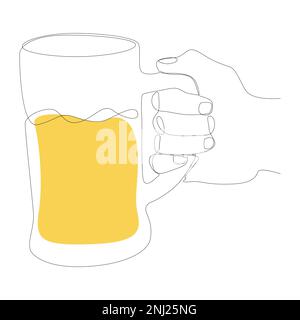 Una linea continua di mano con birra. Concetto di vettore di illustrazione a linea sottile. Disegno di contorno idee creative. Illustrazione Vettoriale