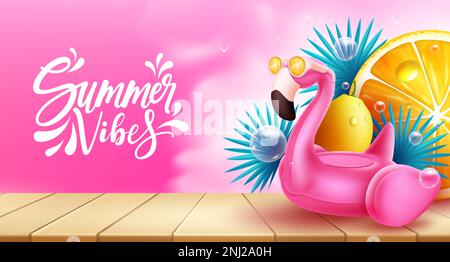 Sfondo vettoriale delle vibrazioni estive. Testo delle vibrazioni estive in spazio vuoto con elemento floater gonfiabile flamingo. Vettore illustrazione sfondo vibrazioni estate Illustrazione Vettoriale