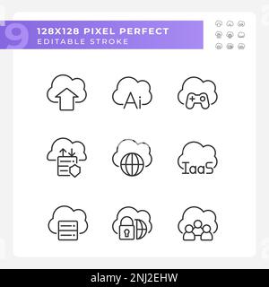 Servizio basato su cloud per l'elaborazione dati pixel Perfect linear Icons set Illustrazione Vettoriale
