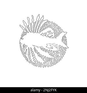 Curva continua una linea di disegno di pericoloso leonfish astratto arte in cerchio Illustrazione Vettoriale