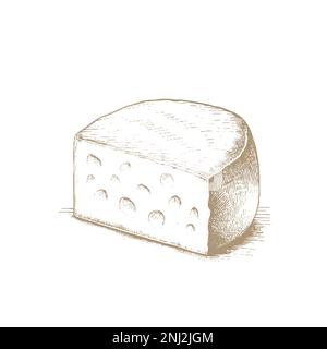 Ruota e pezzo di formaggio Gouda. Schizzo a inchiostro isolato su sfondo bianco. Illustrazione vettoriale disegnata a mano. Illustrazione Vettoriale