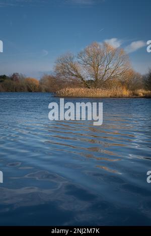 Acqua di Alton (serbatoio di Alton) in una giornata di sole nel mese di febbraio. Colori caldi di alberi, cielo blu. Foto Stock