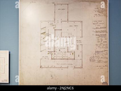 Tokyo, Giappone - Settembre, 2017: Disegni tecnici del progetto architettonico del Museo Nazionale di Arte Occidentale designate da le Corbusier Foto Stock