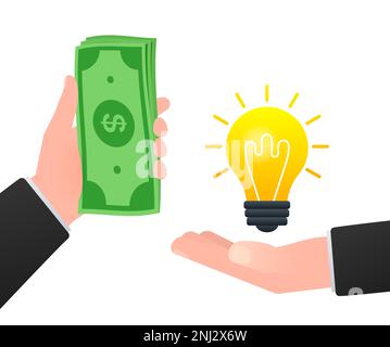 Idea per soldi. La mano contiene denaro e lampadina. Concetto di crowdfunding. Scambio di idee per denaro. Illustrazione Vettoriale