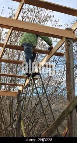 costruzione di un fienile rurale nel villaggio, un uomo in abiti da lavoro sale una scala e mette tavole di legno sul telaio del tetto Foto Stock