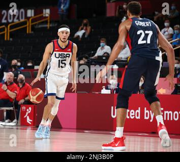 7 AGOSTO 2021: Devin Booker degli Stati Uniti nel gioco di medaglia d'oro di pallacanestro maschile ai Giochi Olimpici di Tokyo 2020 (Foto di Mickael Chavet/RX) Foto Stock