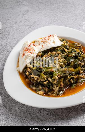 Tradizionale pasto turco di spinaci con riso e carne macinata con yogurt su piatto di porcellana bianca Foto Stock