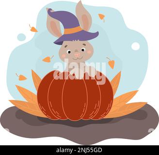 Coniglietto carino seduto in una zucca, Halloween felice. Illustrazione del vettore autunnale Illustrazione Vettoriale