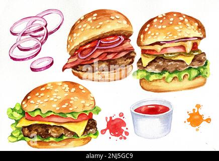set di hamburger acquerello, fast food sketch, cheeseburger, hamburger, salsa, fette di cipolla, street food illustrazione Foto Stock