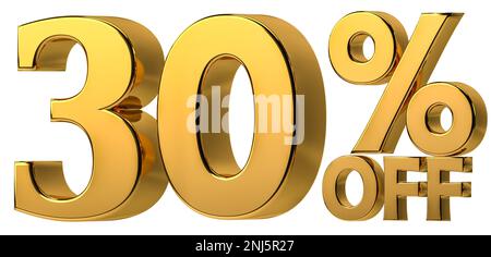 3d golden 30% di sconto isolato su sfondo trasparente per la promozione in vendita. Numero con segno di percentuale. Foto Stock
