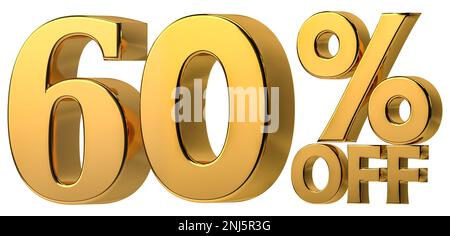 3d golden 60% di sconto isolato su sfondo trasparente per la promozione di vendita. Numero con segno di percentuale. Foto Stock