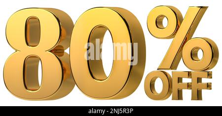 3d golden 80% di sconto isolato su sfondo trasparente per la promozione di vendita. Numero con segno di percentuale. Foto Stock