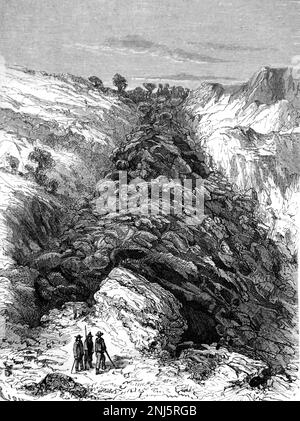 La lava scorre nel canale del faraone, noto anche come fosse Pharaon, a seguito dell'eruzione del vulcano Vesuvio nel 1858 a Napoli. Vintage Engraving o Illustrazione 1862 Foto Stock