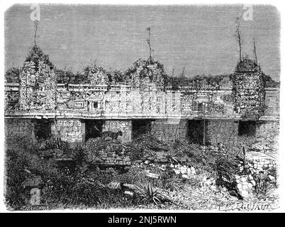 Facciata Ala Nord del Palazzo del Governatore nell'antica città Maya o Maya di Uxmal Yucatan Messico. Vintage Engraving o Illustrazione 1862 Foto Stock