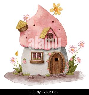 Acquerello rosa casa carina. Fiaba gnome casa bianca con tetto rosa tra i fiori. Illustrazione PNG disegnata a mano isolata sul backgrou trasparente Foto Stock