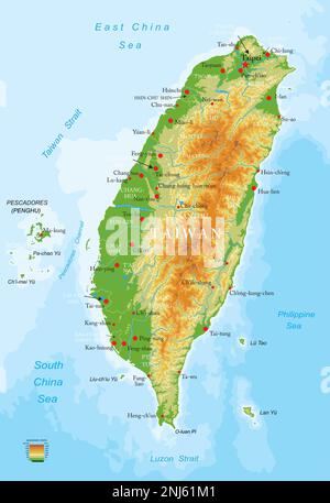 Mappa fisica altamente dettagliata di Taiwan in formato vettoriale, con tutte le forme di rilievo, regioni e grandi città. Illustrazione Vettoriale