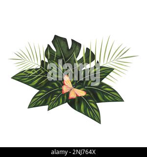 Composizione foglia tropicale Monstera, palma con acquerello a farfalla isolato su fondo bianco. Acquerello disegno a mano di Llustrazione botanica per il disegno Foto Stock