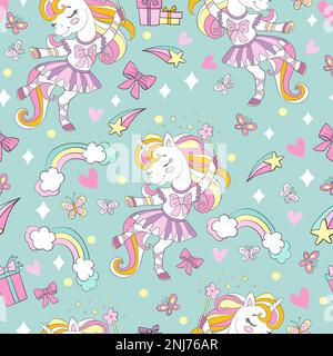 Modello senza cuciture con ballerina unicorno simpatica, fiori ed elementi magici su sfondo verde. Illustrazione vettoriale per feste, stampe, baby sho Illustrazione Vettoriale