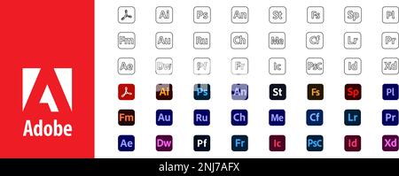 Icone dei prodotti Adobe. Photoshop. Illustrator. Lightroom. InDesign. Adobe programmi la raccolta di logo. VECTO Illustrazione Vettoriale