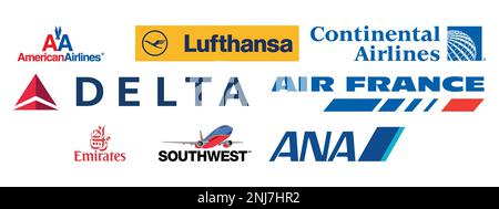 Logo delle principali compagnie aeree più importanti del mondo. Illustrazione Vettoriale