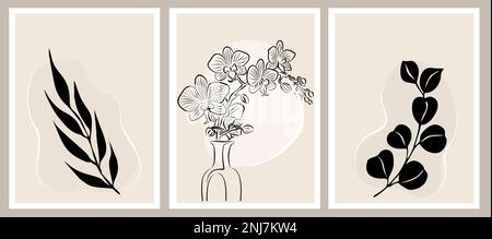 Set di illustrazioni vettoriali lineari per pareti botaniche Illustrazione Vettoriale