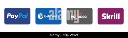 Metodi di pagamento online Button Set, brand logo : Paypal, Payoneer,Skrill,WebMoney. Illustrazione Vettoriale