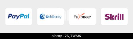 Metodi di pagamento online Button Set, brand logo : Paypal, Payoneer,Skrill,WebMoney. Illustrazione Vettoriale