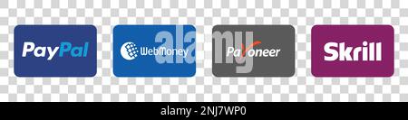Metodi di pagamento online Button Set, brand logo : Paypal, Payoneer,Skrill,WebMoney. Illustrazione Vettoriale