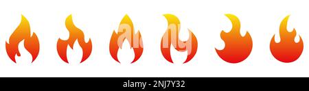 Collezione di icone del fuoco. Simbolo della fiamma del fuoco. Logotipo di silhouette a falò. I simboli delle fiamme impostano lo stile piatto - vettore stock. Illustrazione Vettoriale