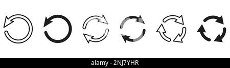 Serie di icone vettoriali a freccia circolare. Icona riciclaggio. Frecce vettoriali circolari. Icona freccia di aggiornamento e ricarica. Freccia segno piatto. Illustrazione Vettoriale