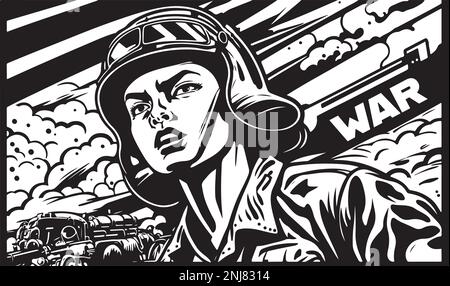 Bella e trendy linocut bianco e nero o colorazione pagina di un soldato in guerra Illustrazione Vettoriale