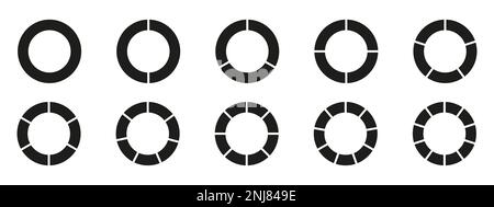 Cerchi diagramma diviso 3, 10, 7, icona grafico forma a torta grafico sezione. Infografica del vettore circolare a segmenti 6, 9 deviare. Illustrazione Vettoriale