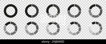 Cerchi diagramma diviso 3, 10, 7, icona grafico forma a torta grafico sezione. Infografica del vettore circolare a segmenti 6, 9 deviare. Illustrazione Vettoriale