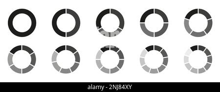 Cerchi diagramma diviso 3, 10, 7, icona grafico forma a torta grafico sezione. Infografica del vettore circolare a segmenti 6, 9 deviare. Illustrazione Vettoriale
