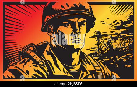 Bella e trendy linocut bianco e nero o colorazione pagina di un soldato in guerra Illustrazione Vettoriale