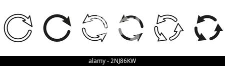 Serie di icone vettoriali a freccia circolare. Icona riciclaggio. Frecce vettoriali circolari. Icona freccia di aggiornamento e ricarica. Freccia segno piatto. Illustrazione Vettoriale